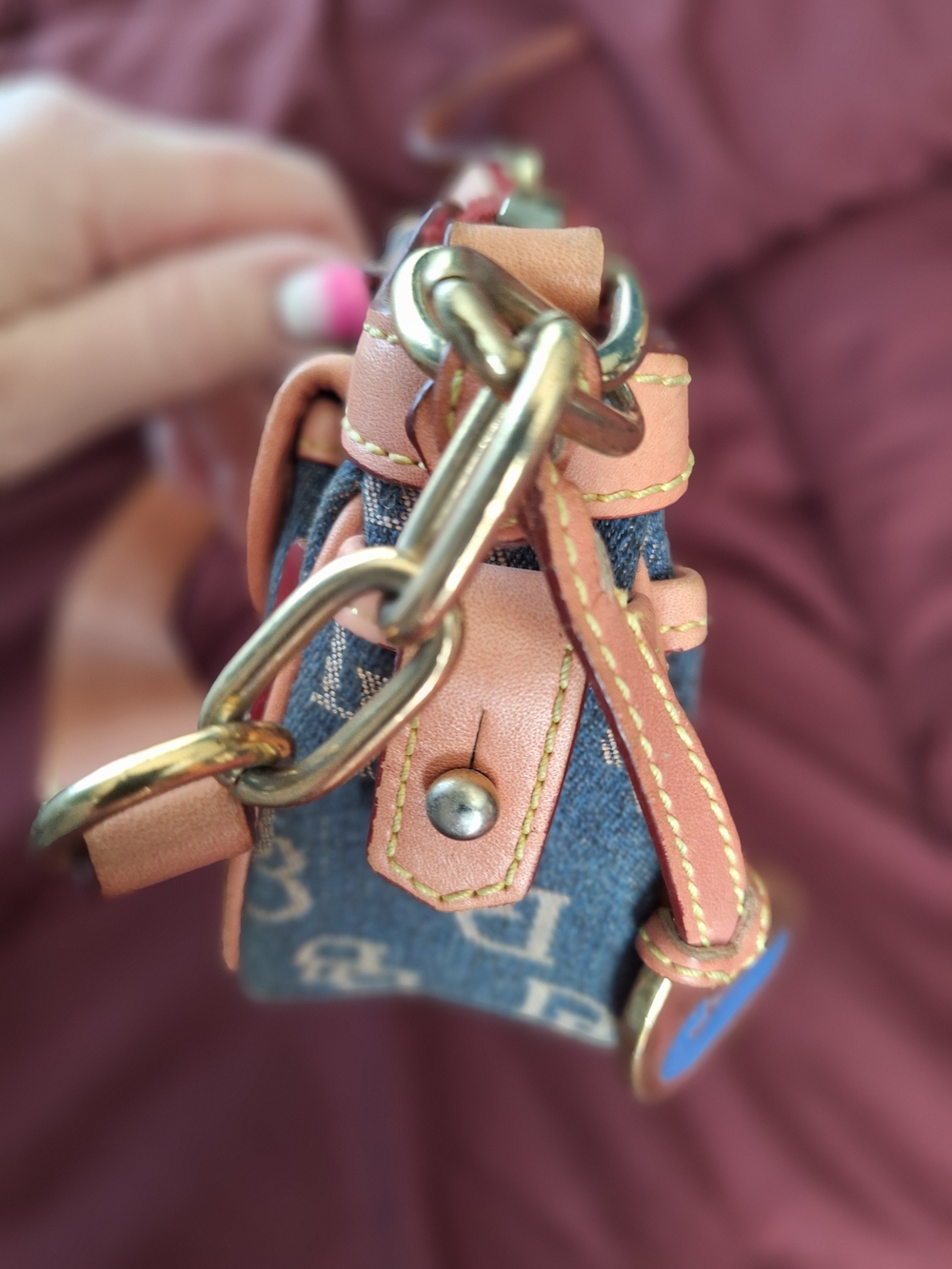 Dooney & Bourke Blue Monogram Denim Shoulder Bag with Tan Leather Trim - Picture 3 of 5